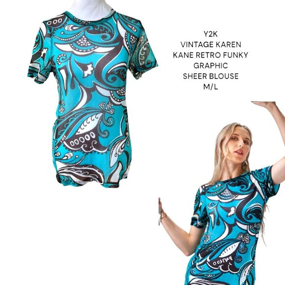 VINTAGE‎ Y2K KAREN KANE RETRO FUNKY TURQUOISE GRAPHIC SHEER TOP M/L - Picture 1 of 6